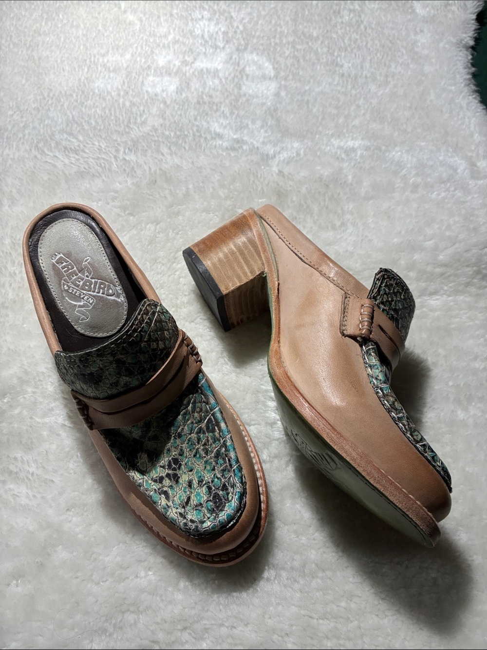 Freebird by Steven Tan Leather Mules with Teal Snakeskin Accent